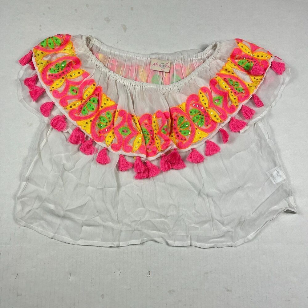 Miss June Paris White Boho Tassel Crop Top S/M Embroidered Festival Resort Shirt